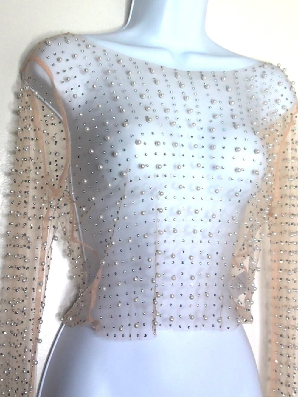 Windsor Sheer Mesh Top Faux Pearls & Rhinestones Dressy Stretch Crop Whimsy Sz M